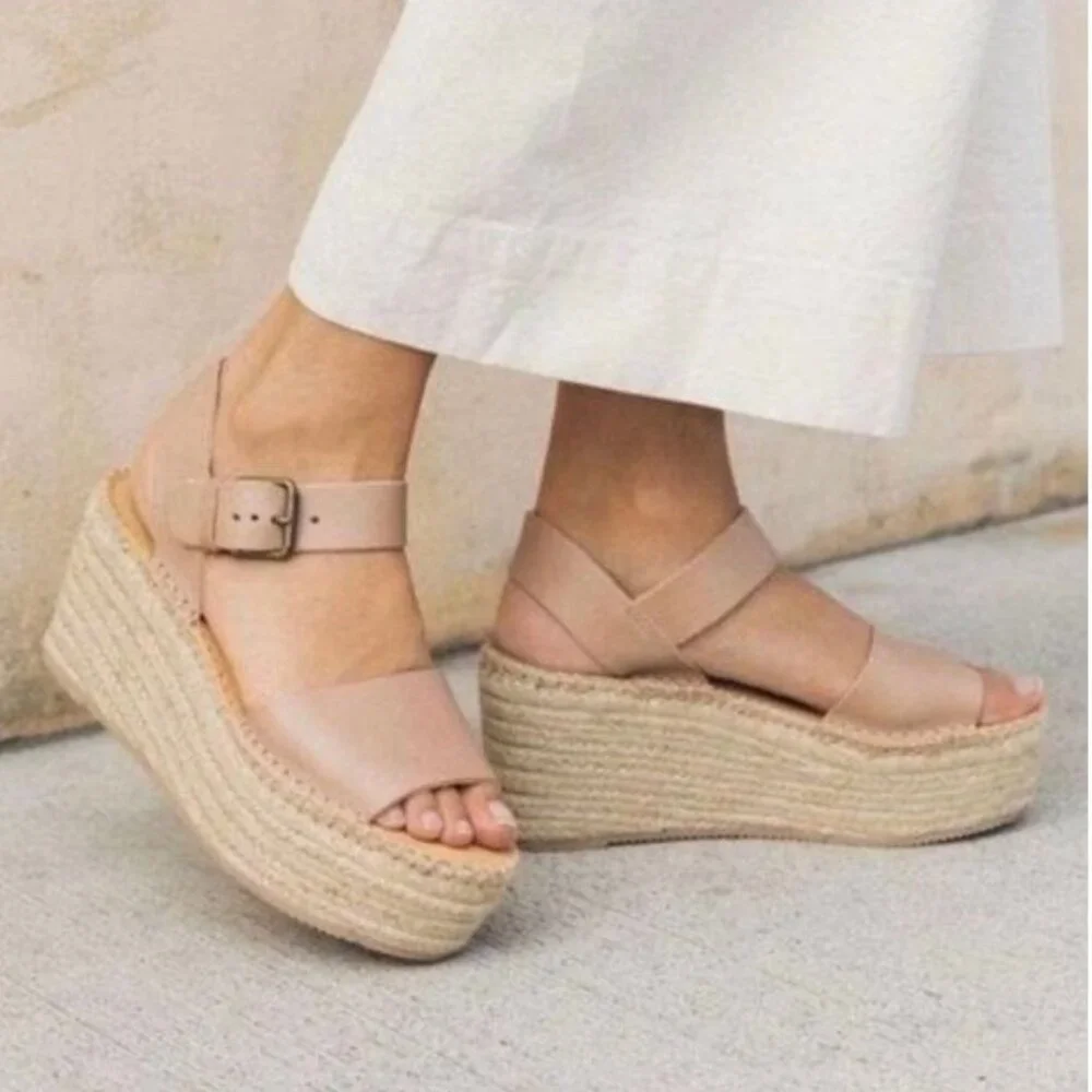 NEW Soludos Minorca Dove Grey Leather Platform Woven Espadrille Sandals Size 10